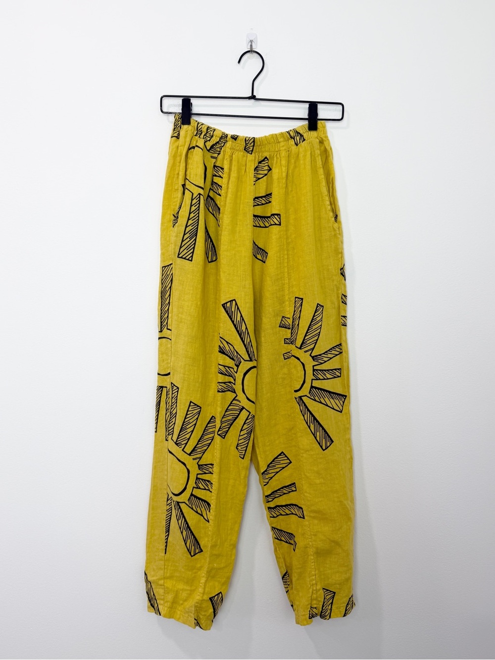 Transparente Linen Pants Size 1 Yellow Sun Print Elastic Waist Wide Leg Pull On